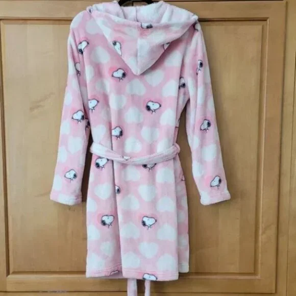 Soft Comfy Pink & White Peanuts Snoopy Bathrobe with Hood - S/M - Picture 2 of 7